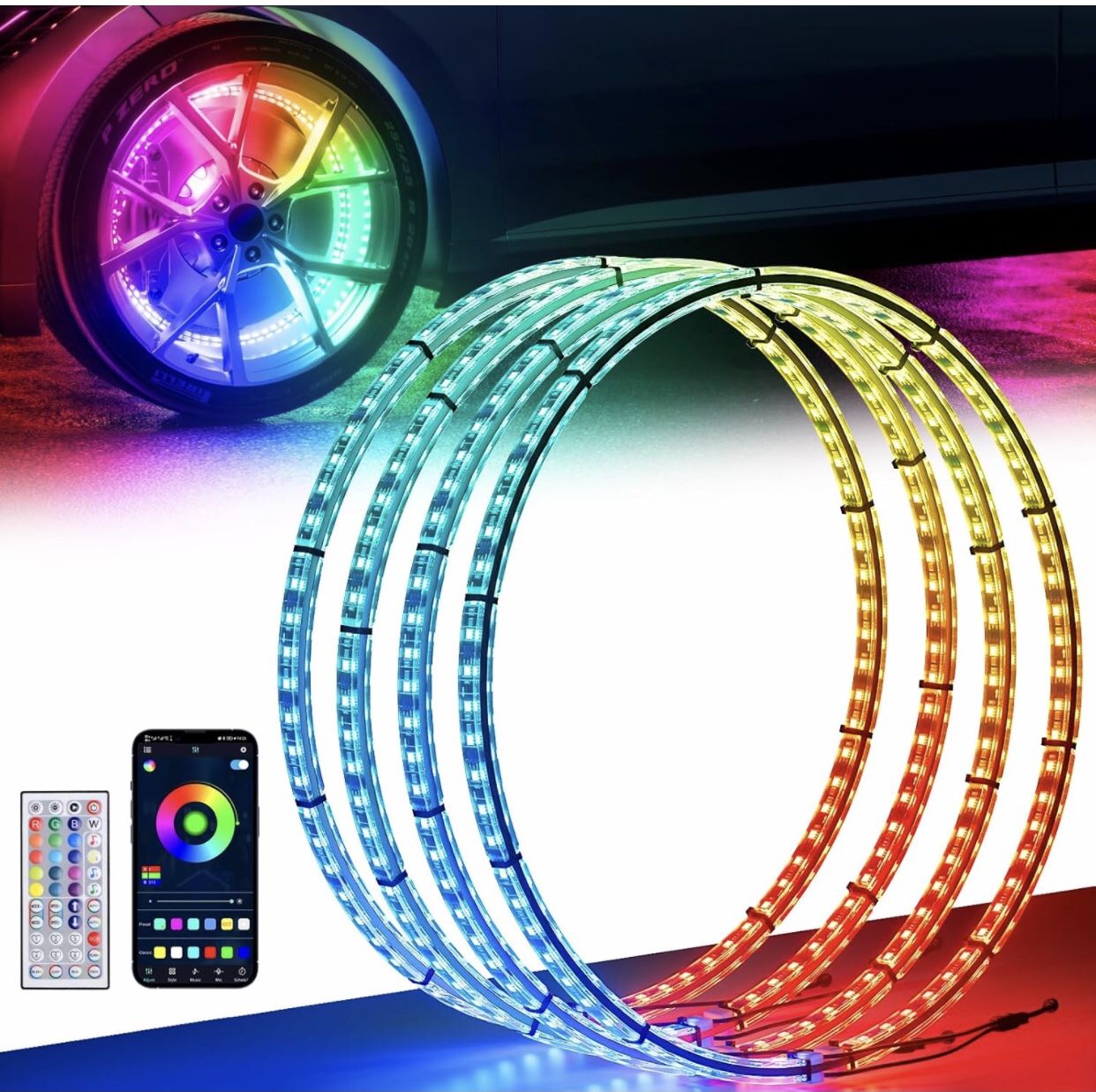 NEW! 15.5" Double Row Wheel Lights, Brighter RGB Dream Chasing LED Rim Lights with App & Remote Control, Music Wheel Ring Lights with Turn & Braking 