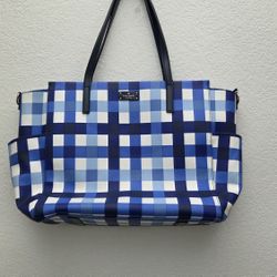 Kate Spade New York Blake Avenue Kaylie Baby Bag Diaper Bag, featuring a blue and white checkered pattern