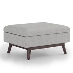 Owen 34 in. Wide Mid Century Modern Rectangle Coffee Table Storage Ottoman in Cloud Grey Polyester Fabric, Assembled