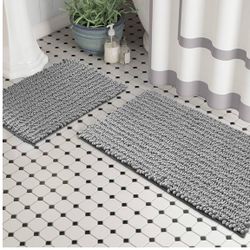 Grey Bathroom Rug Set, Non Slip Thick Shaggy Modern Designed Chenille Bathroom Rugs, Bath Mats for Bathroom Extra Soft and Absorbent - Bath Rugs Set f