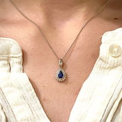 18k Diamond Sapphire Pendant with 16 inch 14K White Gold Wheat Chain