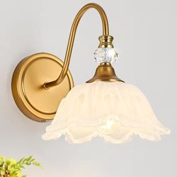 1 Piece Vintage Wall Sconce with Floral White Glass Shade, Matte Brass Finish Wall Sconce for Bathroom, Vintage Bathroom Vanity Light Fixture