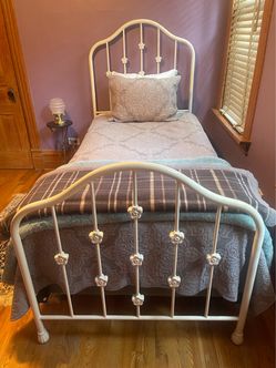White Metal Twin Bed Frame with Floral Detail