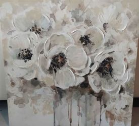 White Textured Floral Canvas Wall Art - Neutral Abstract Flowers