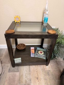 Title: Dark Wood Coffee Table and End Table Set with Glass Insets