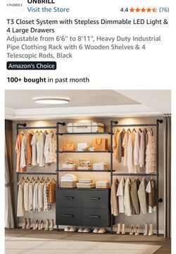 T3 Closet System with Stepless Dimmable LED Light & 4 Large Drawers Adjustable from 6'6" to 8'11", Heavy Duty Industrial Pipe Clothing Rack with 6 Woo