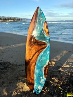 Surfboard art, 66 inches, Hawaiian Monkeypod and Epoxy ocean scene