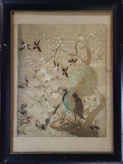 Vintage Chinese Hand-Embroidered Silk Textile Panel — Peacock & Birds in Garden