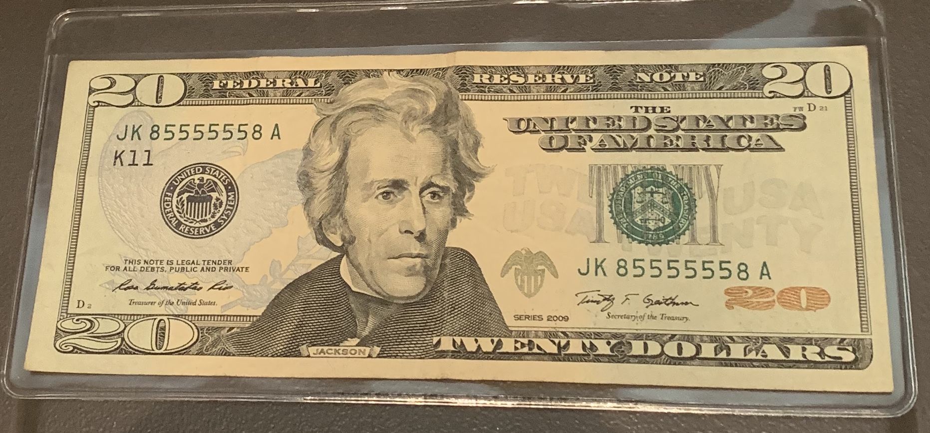 2009 $20 (twenty dollar) note bill fancy number Super Radar binary bookend