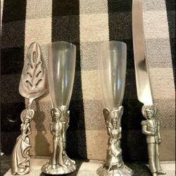 Cinderella & Prince Charming Pewter Toasting Flutes and Cake Service