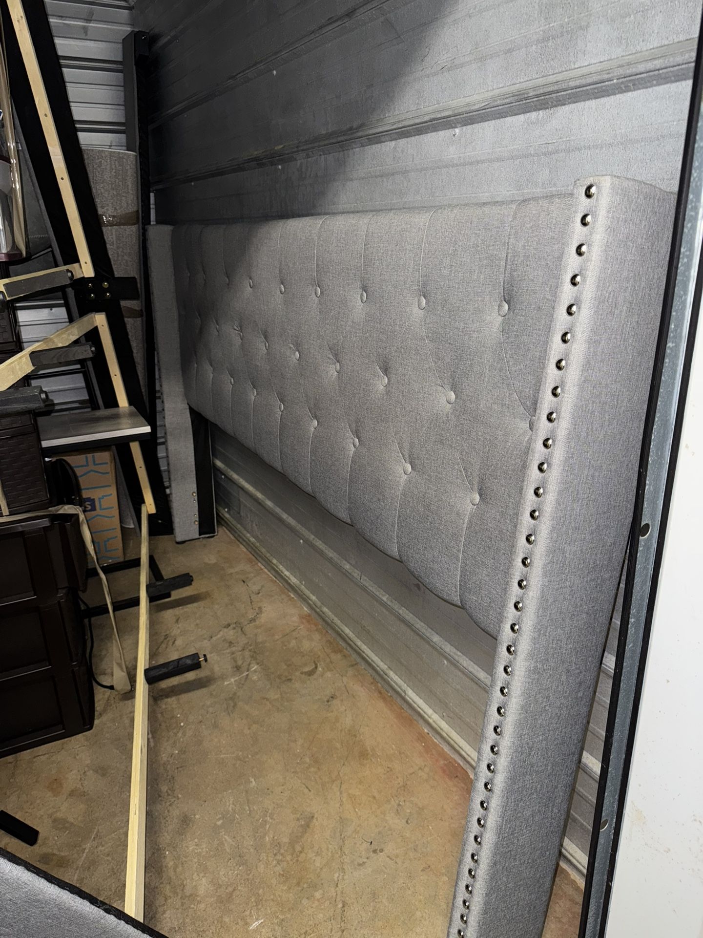 King Size Bed New Mattress Wrapped. Gray Bar Stools