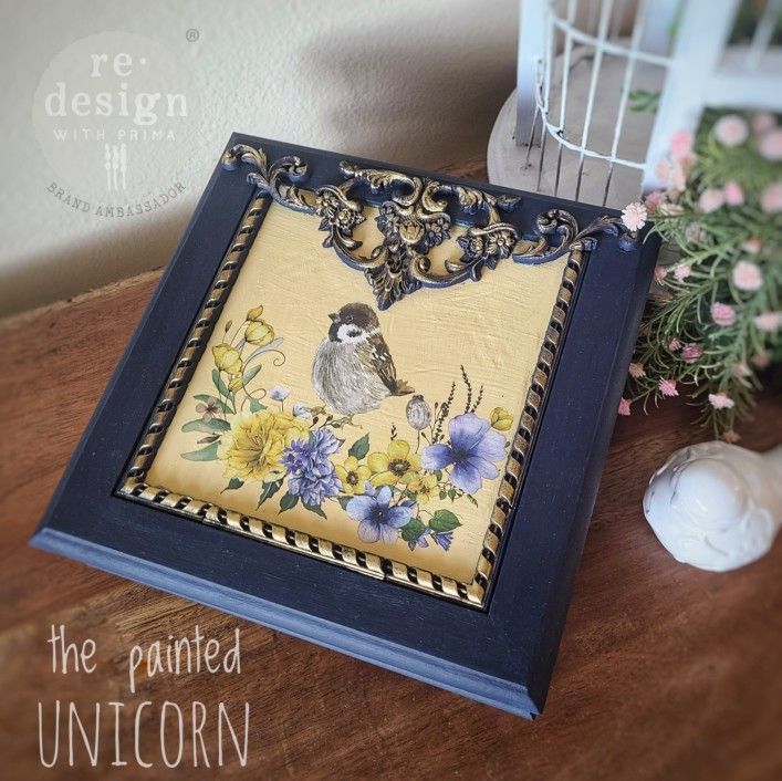 Refinished Small Floral Jewelry Box With Bird