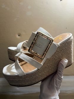 White Espadrille Wedge Sandals with Gold Buckle