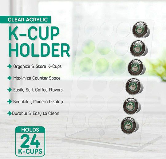 K Cups Coffee Pod Holder - Acrylic Kcup Organizer for Counter - Compatible with 24 Keurig Pods - Modern Display Rack and Storage for Kitchen and Offic