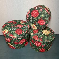 Set Of 3 Nesting Round Boxes Floral Print Fabric
