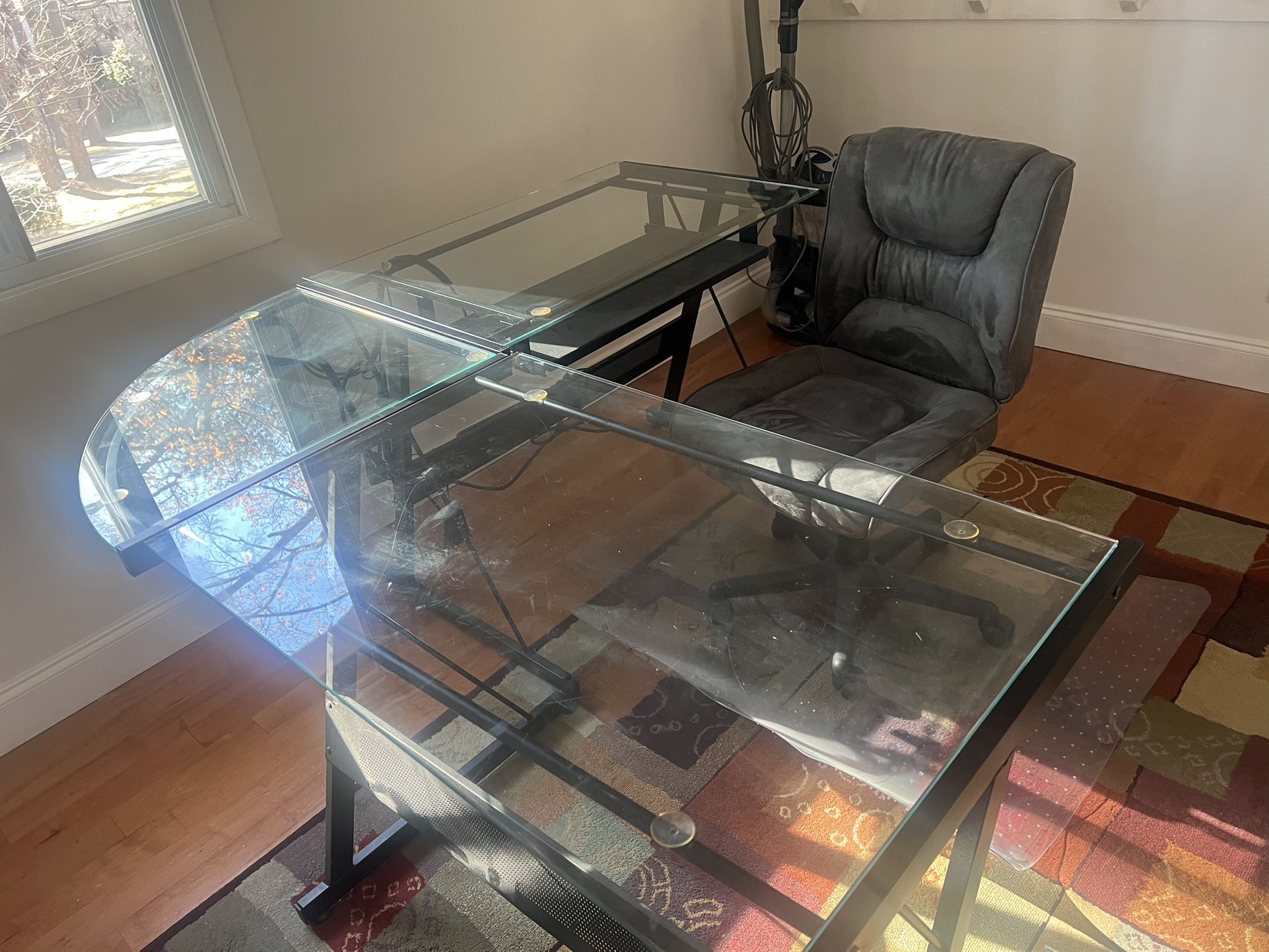 Black Metal And Glass Workstation/Desk w/Chair and Floor Protector