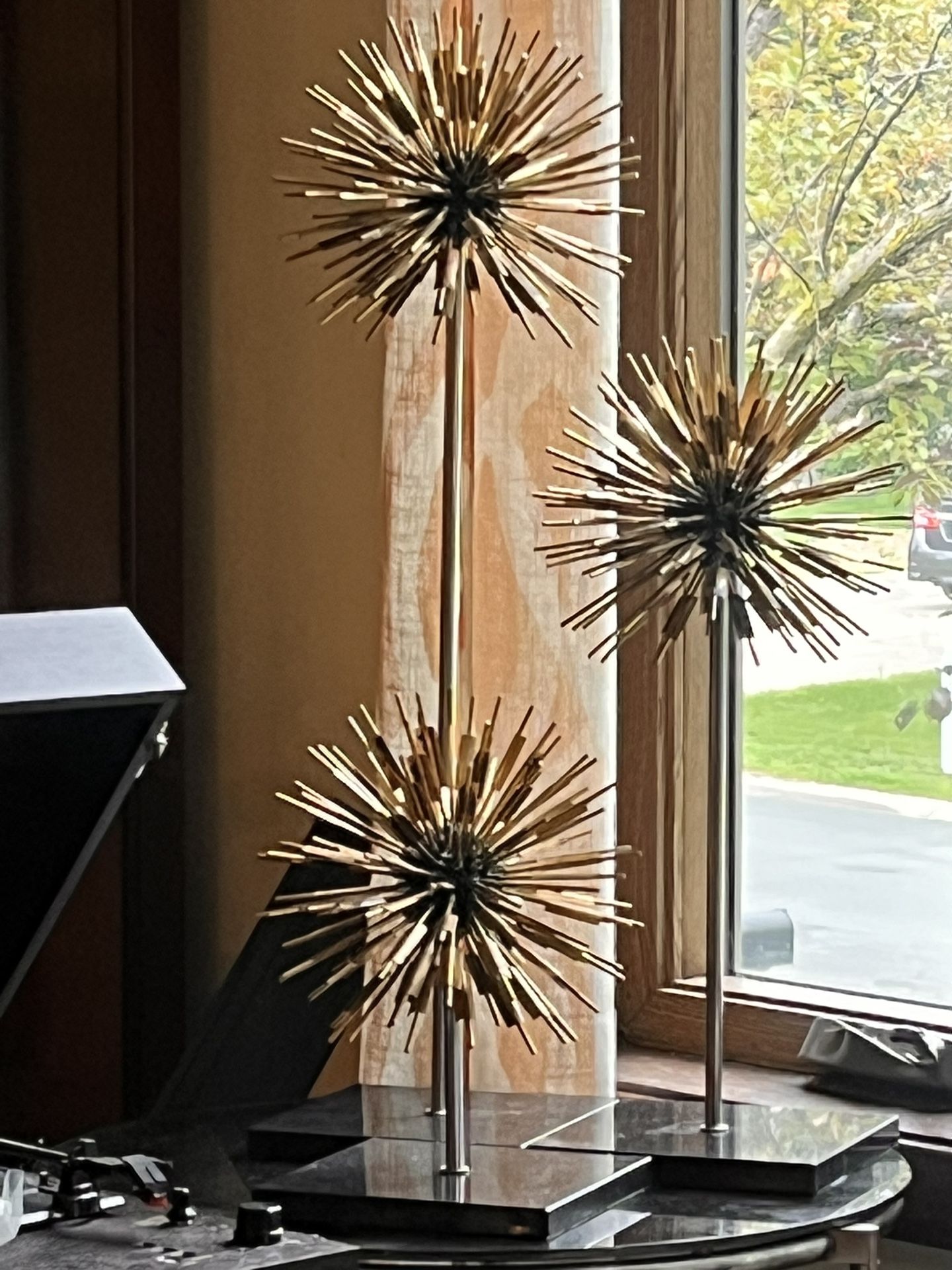 Global Views Set of 3 Gold Metal Atomic Starburst Boom on Stone Base - Art Deco Fixtures