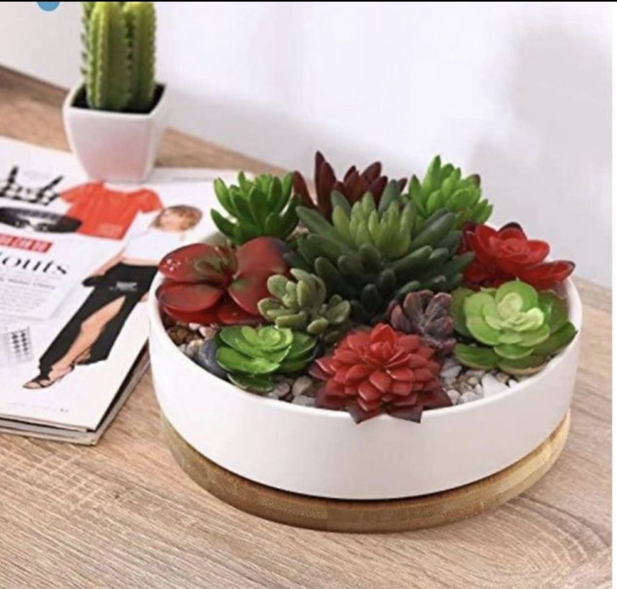 6 inch White Ceramic Flower Planter Pot with Bamboo Tray, Pack of 2 - Plants Not Included