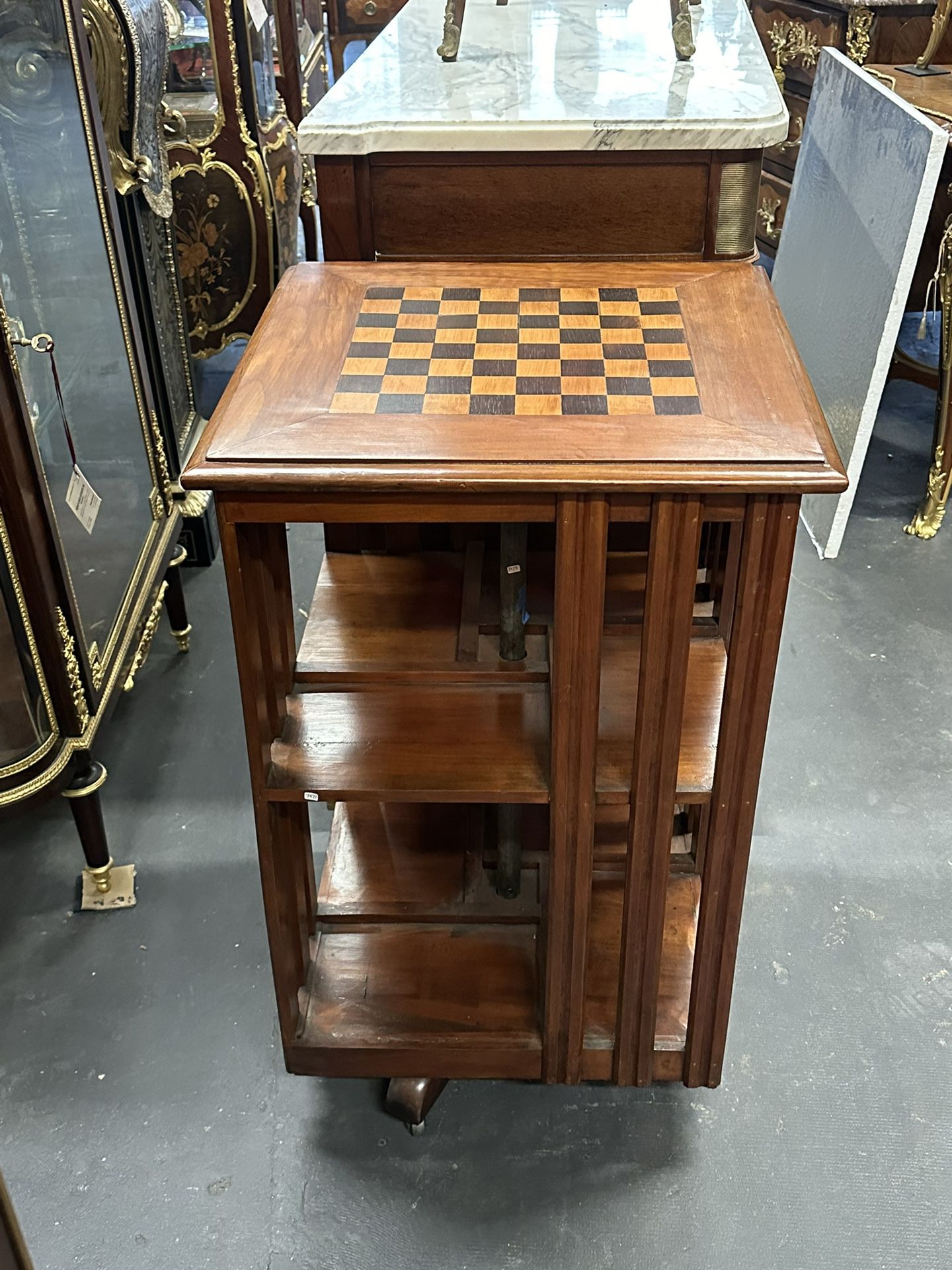 Antique Rotating Chess Board Game Bookcase on Wheels 