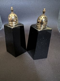 Vintage Mikasa Japan Black & Gold Salt Pepper Shakers Art Deco Revival 1980s