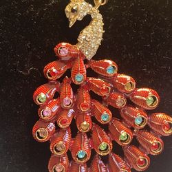 Betsey Johnson Peacock Necklace Red Enamel, Rhinestones. Gold Tone Pendant,Length Chain 28”
