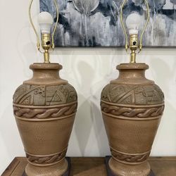 Two Large Vintage Ceramic Pottery Lamps with Geometric Patterns (30” Tall) - Need Shades
