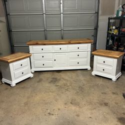 Farmhouse style dresser and 2 matching nightstands. Solid wood, very heavy.