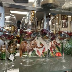 Antoni Barcelona Balloon Wine Glasses 21 oz SET 4 RED LINE Sagrada Familia Hand Painted