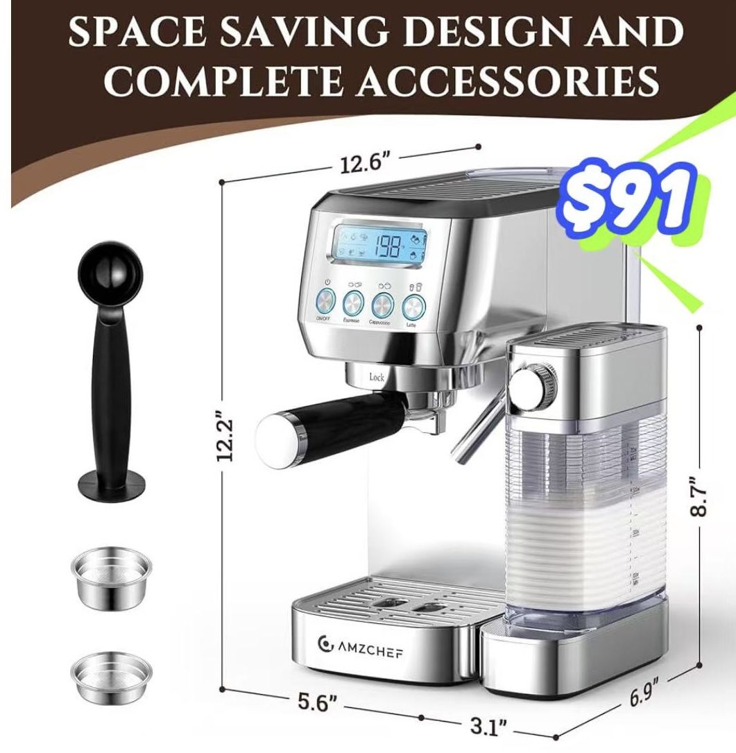 ✌️ AMZCHEF Espresso Machine with LCD Display, 20 Bar Cappuccino Machines with Automatic Milk Frother for Home Gifts, Latte Coffee Maker