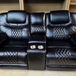 Presidents’ Day sale. Santiago black leather reclining sofa and loveseat set now $999. Easy finance option. Same day delivery.