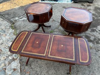 Furniture Traditional Duncan-Phyfe Style Mahogany Coffee Table with Tooled Leather Top, vintage mahogany octagonal side or end tables c.1930’s  MAKE A