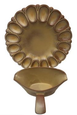 Vintage Frankoma Pottery Deviled Egg Platter 819 Large Gravy Boat 4D Desert Gold