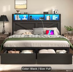 Black Full Bed Frame with Storage and LED Headboard