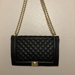 INC International Concepts Black Quilted Shoulder Bag Gold Chain Strap Turn Lock