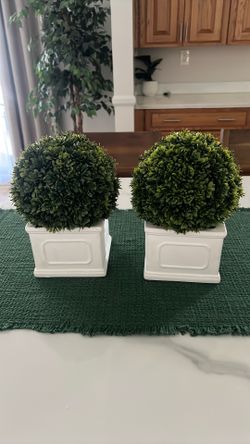 Artificial Boxwood Topiary Plants in White Ceramic Pots – Set of 2
