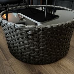 Round Wicker Glass Top Coffee Table