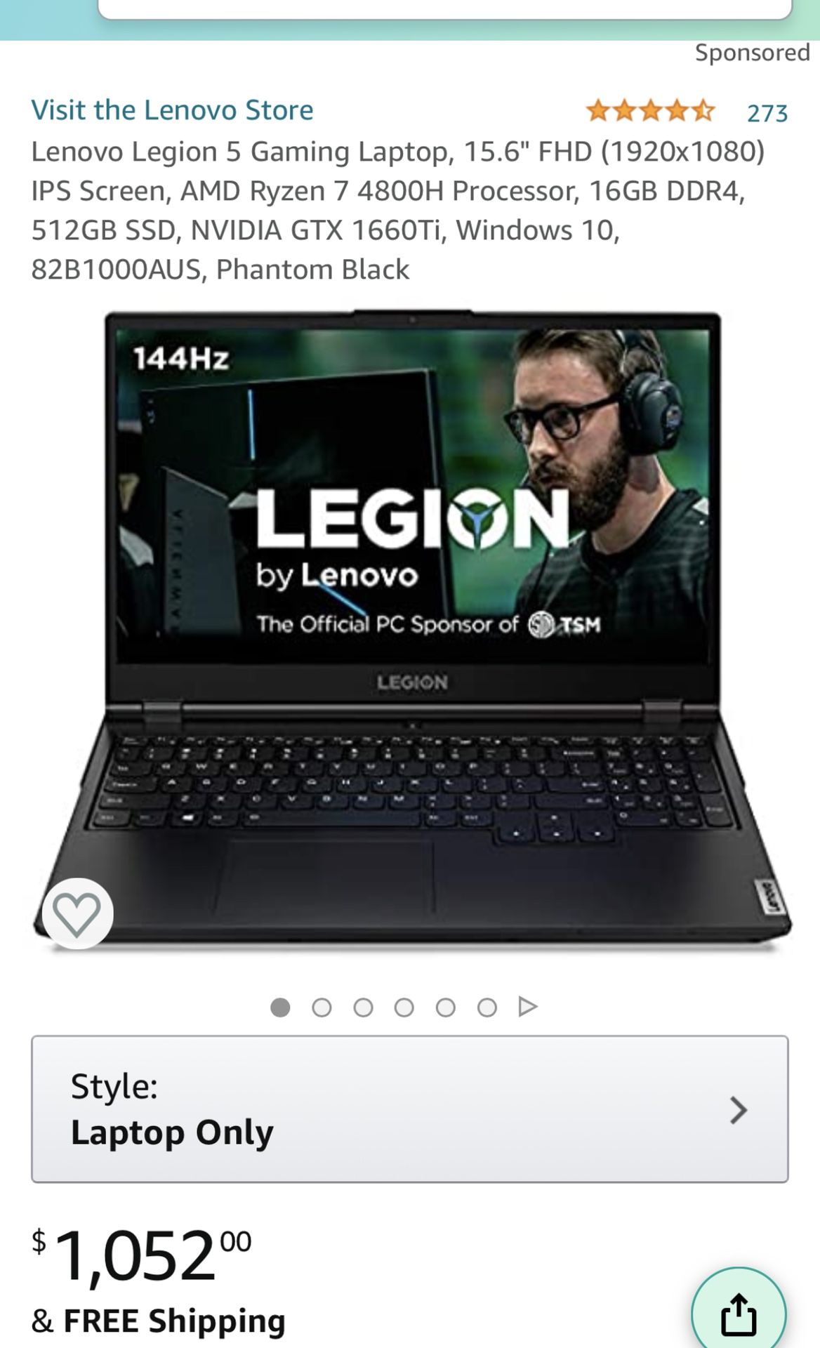 Lenovo Legion 5 Gaming Laptop, 15.6" FHD (1920x1080) IPS Screen, AMD Ryzen 7 4800H Processor, 16GB DDR4, 512GB SSD, NVIDIA GTX 1660Ti, Windows 10