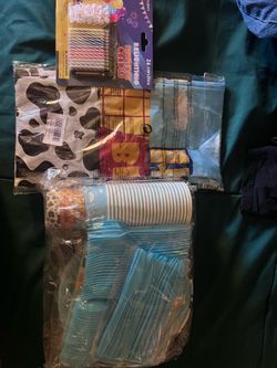 Birthday Party-Toy Story Style set. Plates napkins cups utensils 3 tablecloths and candles.