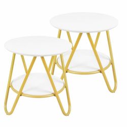 15.7” Round Modern Side Accent, End Table with Metal Legs and Wooden Tabletop for Bedroom Living Room Patio Garden Balcony Yard White/ Gold