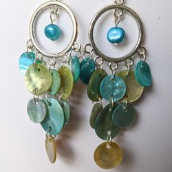 3.25" Long Mother of Pearl  Chandelier Earrings Turquoise Blue