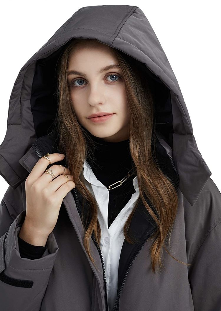 Womens Down Jacket with Hood Mid Length Long Witer Coat (L)