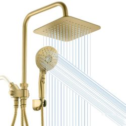 Dual Shower Head Combo, Gold 8'' High Pressure Rain/Rainfall Shower Head,5 Settings Adjustable Handheld Showers,with 15" Height Adjustable Slide Bar,H