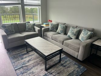 Complete Gray Living Room Set – Sofas, Tables & Rug