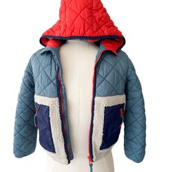 Mini Boden Boys 6 7 S Small Jacket Coat Fall Winter Color Block Sherpa Zip Up Hood