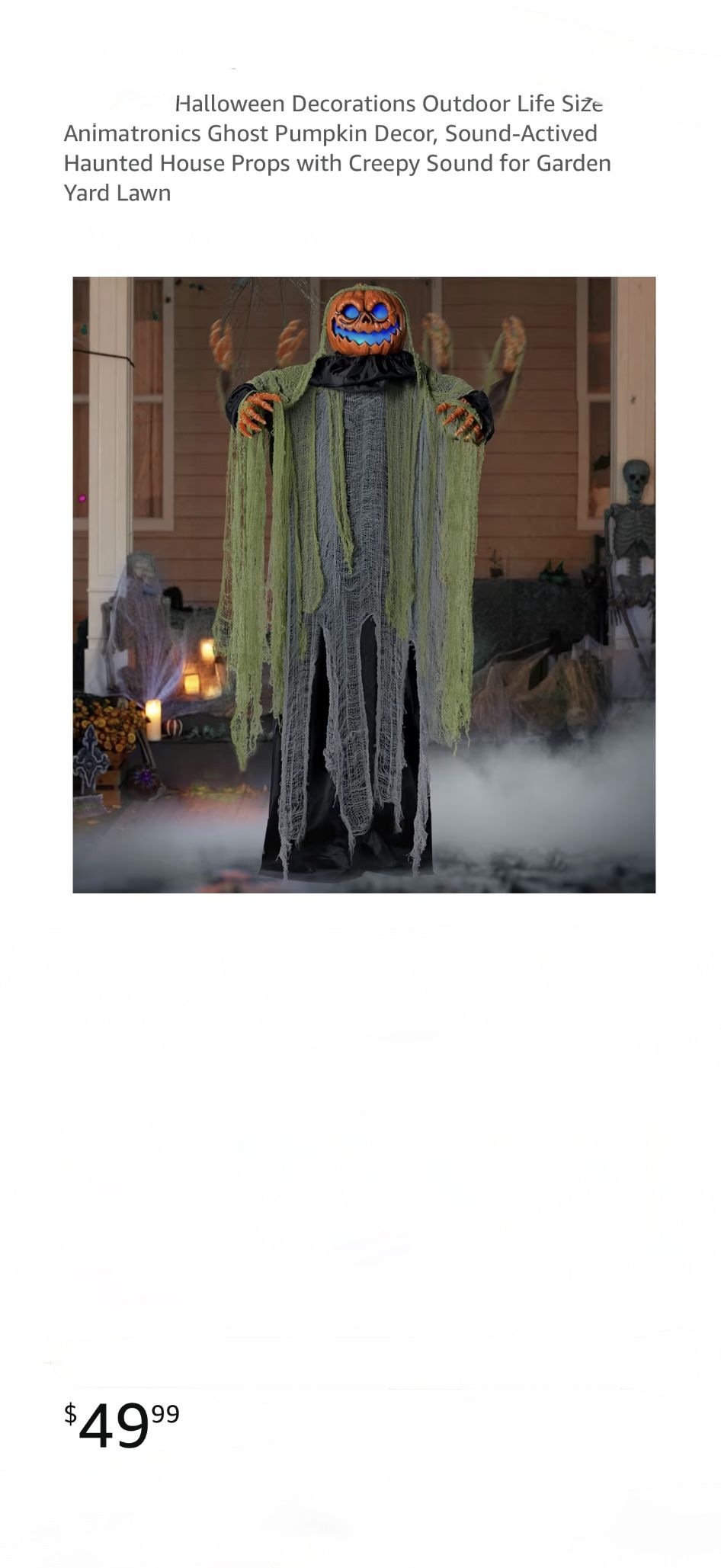 Halloween Decorations Outdoor Life Size Animatronics Ghost Pumpkin Decor, Sound-Actived Haunted House Props with Creepy Sound for Garden Yar