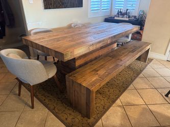 Rustic wood dining table, bench & 4 chairs