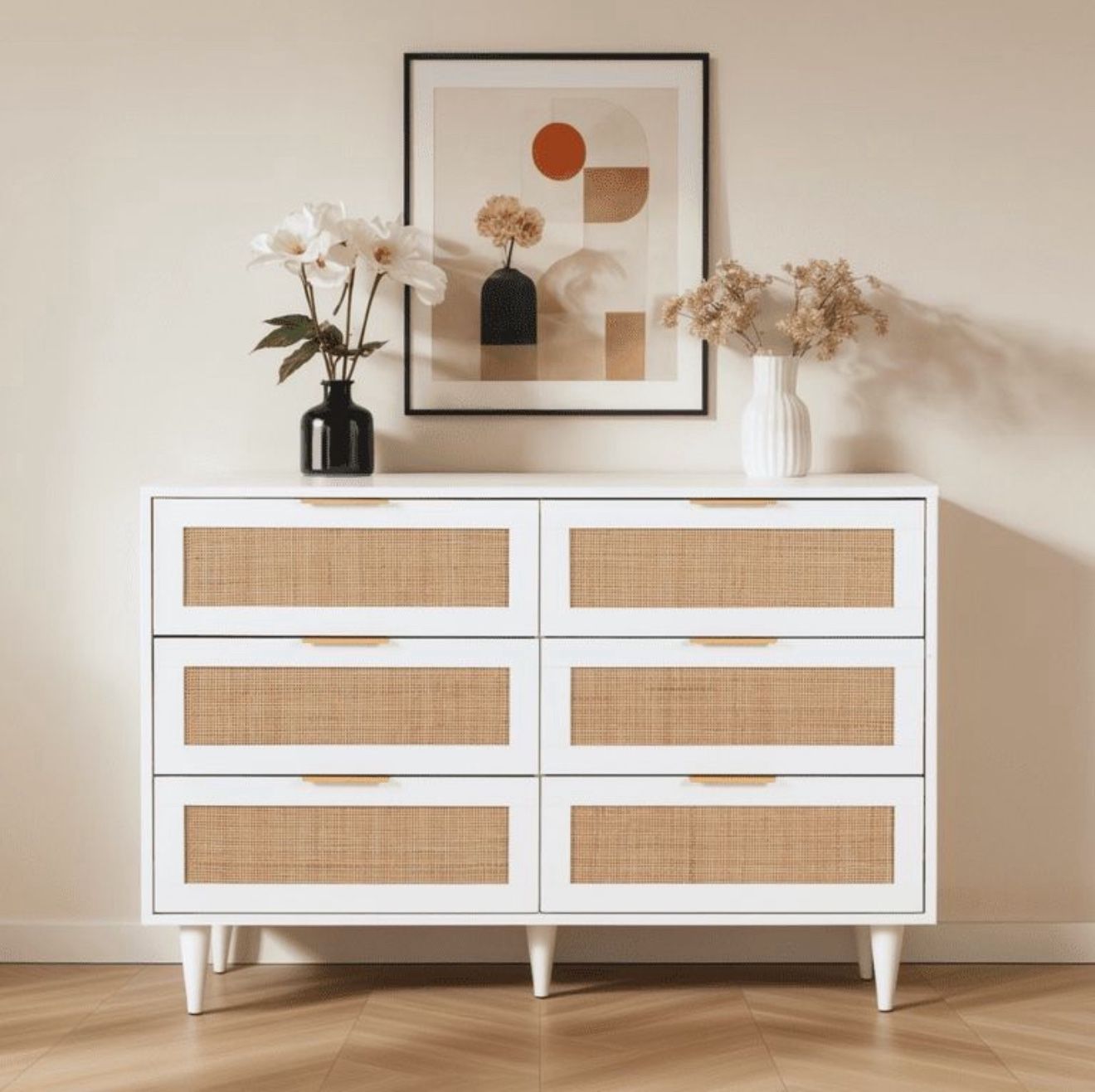 6 Drawer Dresser Rattan Dresser Modern Chest with Drawers, White And Charger