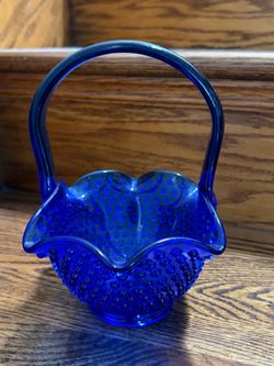 vintage Fenton cobalt blue hobnail glass basket