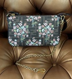 Fendi Flower Bouquet Brown FF Fabric Pouch With Chain And Strap Box Dust Bag Clean