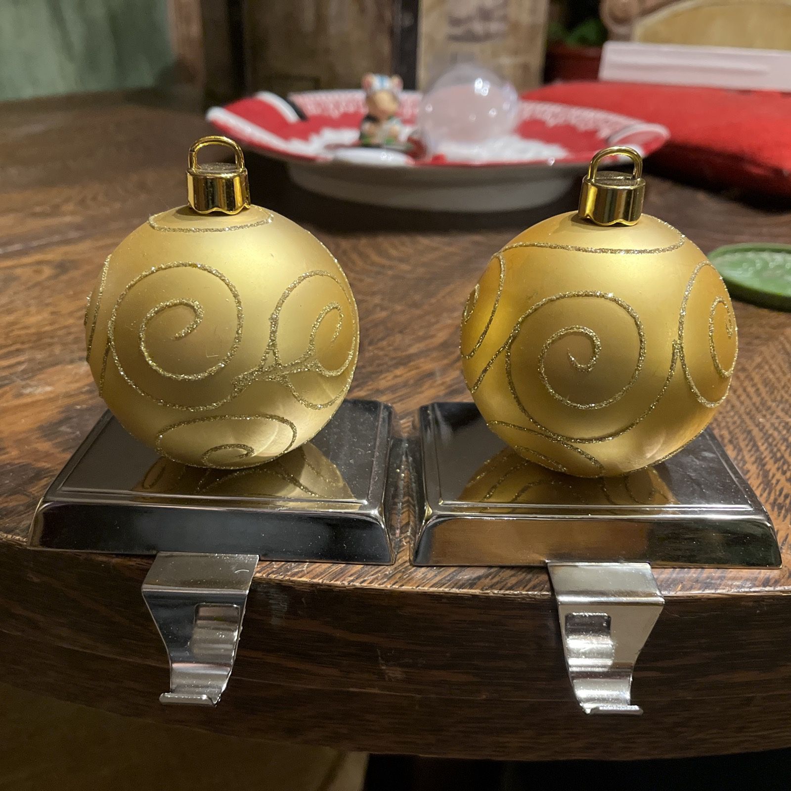 Pair Of Gold Ornament Shaped Stocking Holder